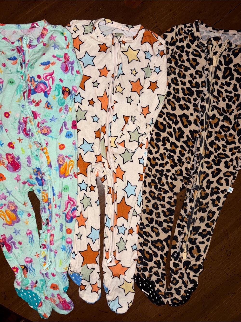 Posh Peanut Bamboo Ariel Mermaid, Starry night, Lana Leopard Rompers 9-12